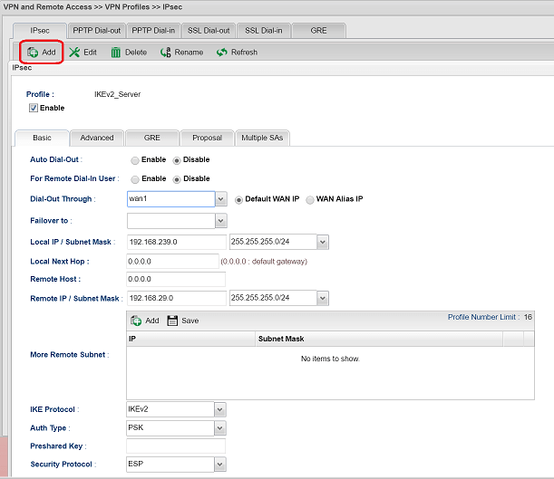 a screenshot of configuring Vigor3900 as an IKEv2 VPN server